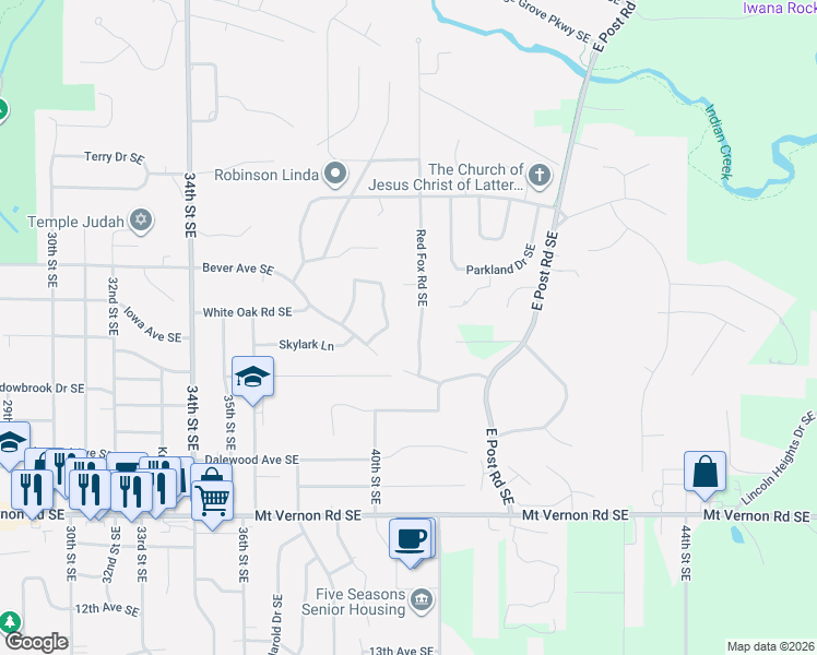 map of restaurants, bars, coffee shops, grocery stores, and more near 436 Red Fox Road Southeast in Cedar Rapids