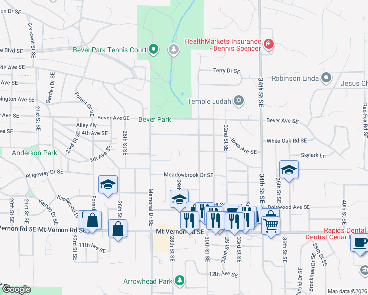 map of restaurants, bars, coffee shops, grocery stores, and more near 2805 Virginia Drive Southeast in Cedar Rapids