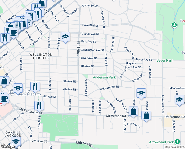 map of restaurants, bars, coffee shops, grocery stores, and more near 499 20th Street Southeast in Cedar Rapids