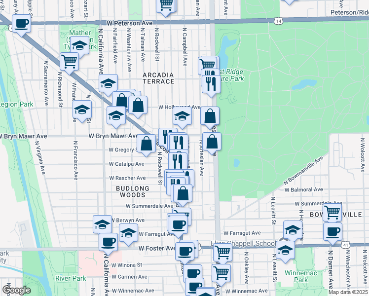 map of restaurants, bars, coffee shops, grocery stores, and more near 5519 North Campbell Avenue in Chicago