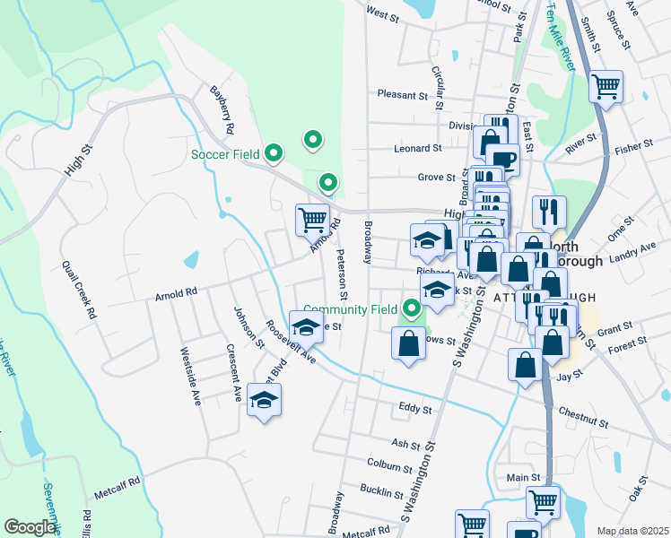 map of restaurants, bars, coffee shops, grocery stores, and more near 39 Peterson Street in North Attleborough
