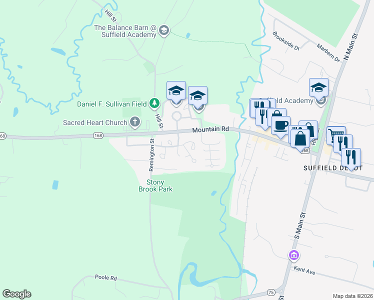 map of restaurants, bars, coffee shops, grocery stores, and more near 19 Canborne Way in Suffield