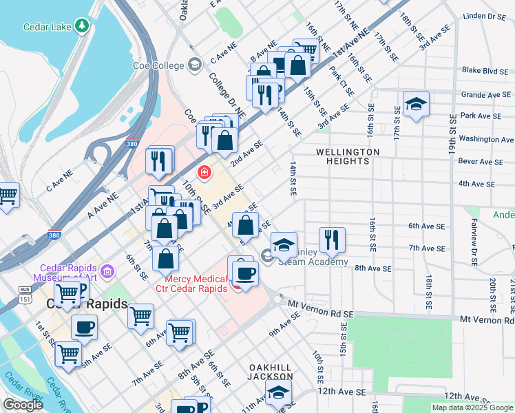 map of restaurants, bars, coffee shops, grocery stores, and more near 414 12th Street Southeast in Cedar Rapids
