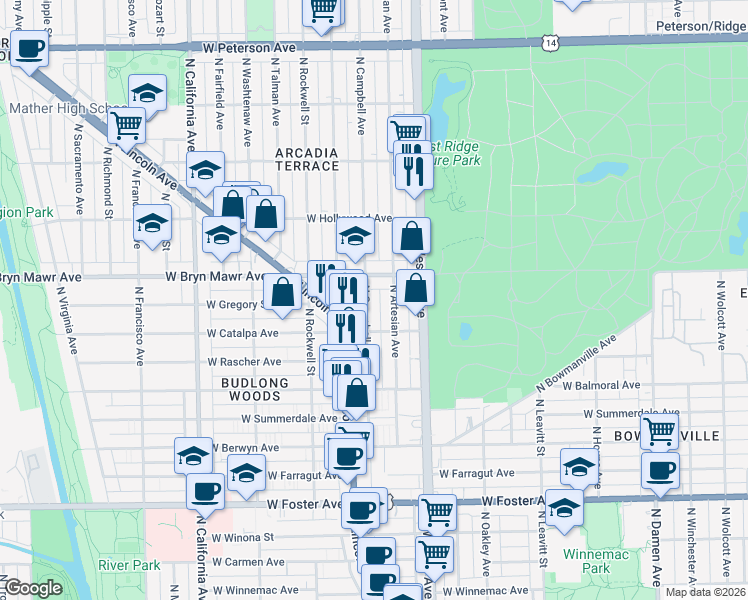 map of restaurants, bars, coffee shops, grocery stores, and more near 5519 North Campbell Avenue in Chicago
