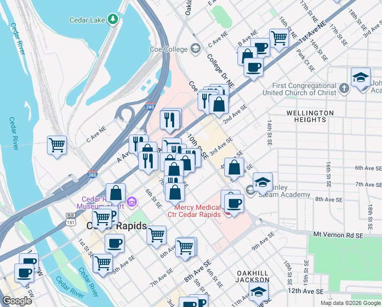 map of restaurants, bars, coffee shops, grocery stores, and more near 275 10th Street Southeast in Cedar Rapids