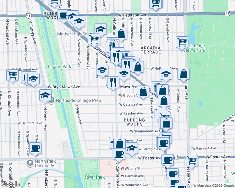 map of restaurants, bars, coffee shops, grocery stores, and more near 5517 North California Avenue in Chicago