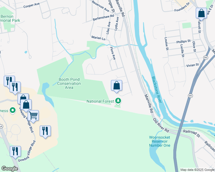 map of restaurants, bars, coffee shops, grocery stores, and more near 177 Bluestone Drive in Woonsocket