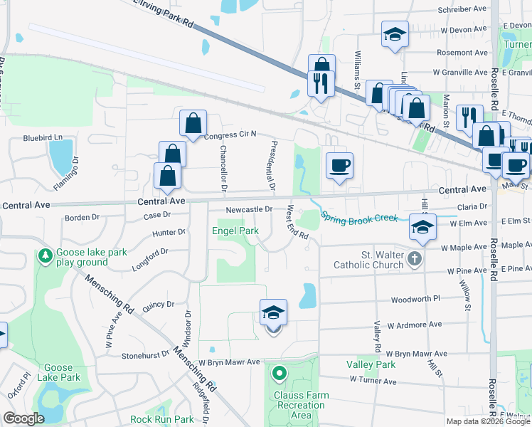 map of restaurants, bars, coffee shops, grocery stores, and more near 55 Wildwood Drive in Roselle