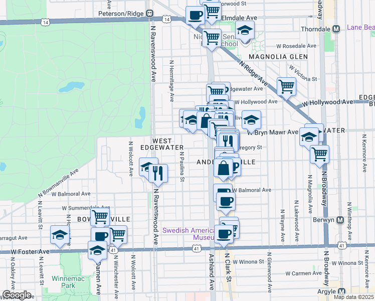 map of restaurants, bars, coffee shops, grocery stores, and more near 1653 West Gregory Street in Chicago