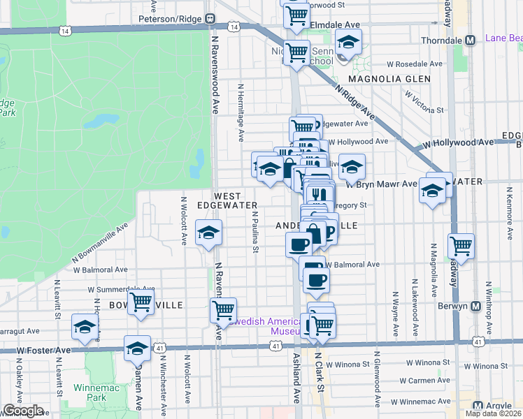 map of restaurants, bars, coffee shops, grocery stores, and more near 5511 North Paulina Street in Chicago