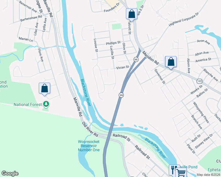 map of restaurants, bars, coffee shops, grocery stores, and more near 519 Lucille Street in Woonsocket