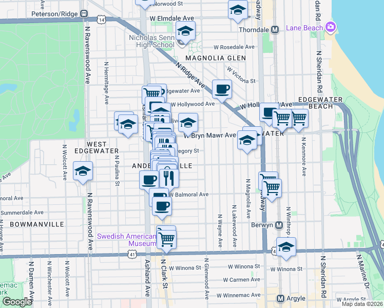 map of restaurants, bars, coffee shops, grocery stores, and more near 1425 West Gregory Street in Chicago