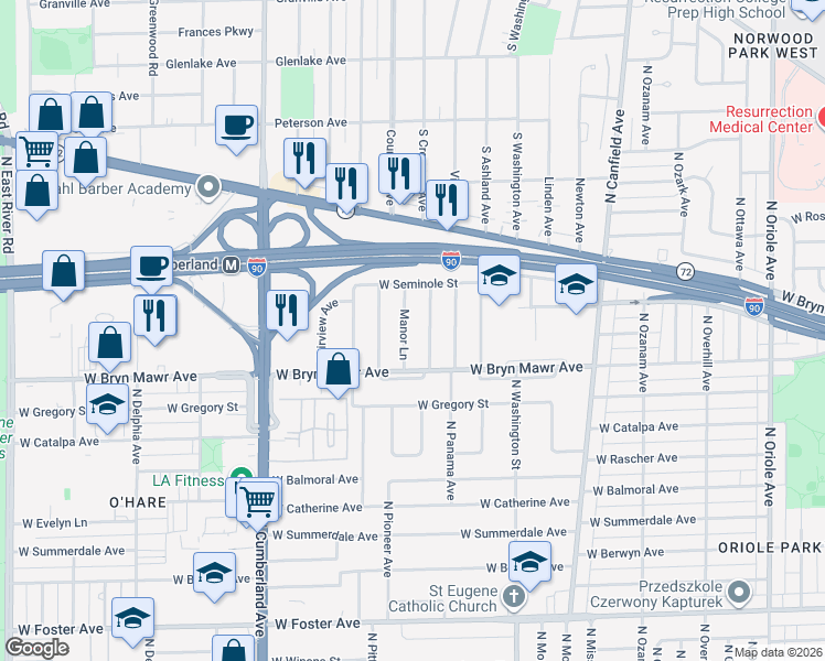map of restaurants, bars, coffee shops, grocery stores, and more near 5639 Manor Lane in Chicago