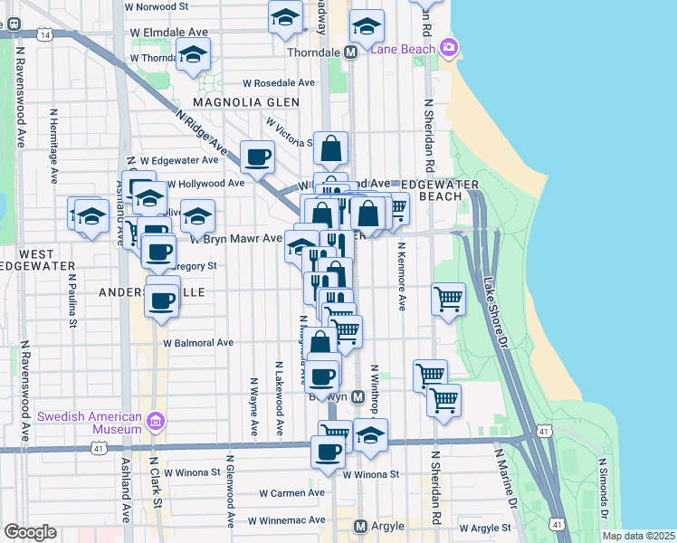 map of restaurants, bars, coffee shops, grocery stores, and more near 5501 North Broadway in Chicago