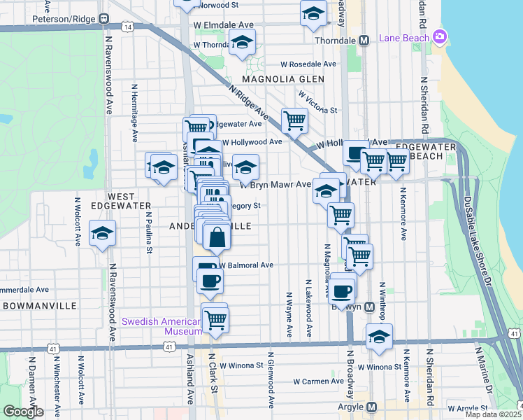 map of restaurants, bars, coffee shops, grocery stores, and more near 1426 West Catalpa Avenue in Chicago