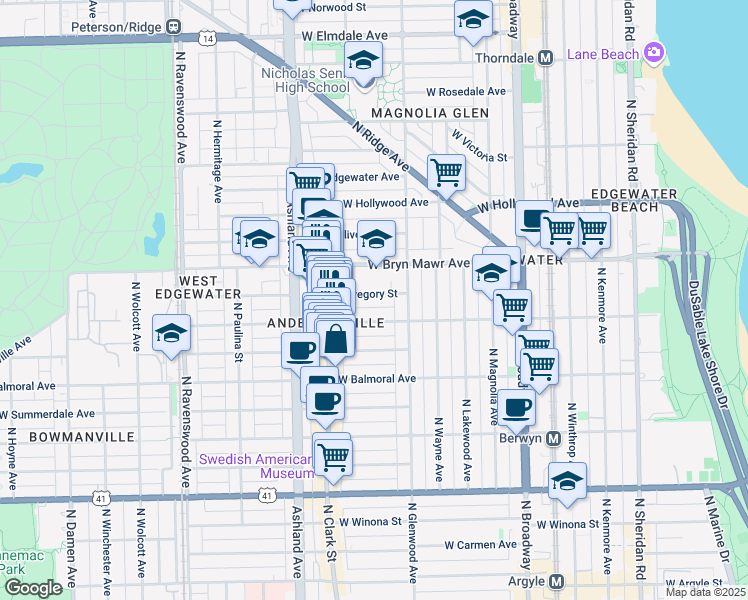 map of restaurants, bars, coffee shops, grocery stores, and more near 1426 West Catalpa Avenue in Chicago