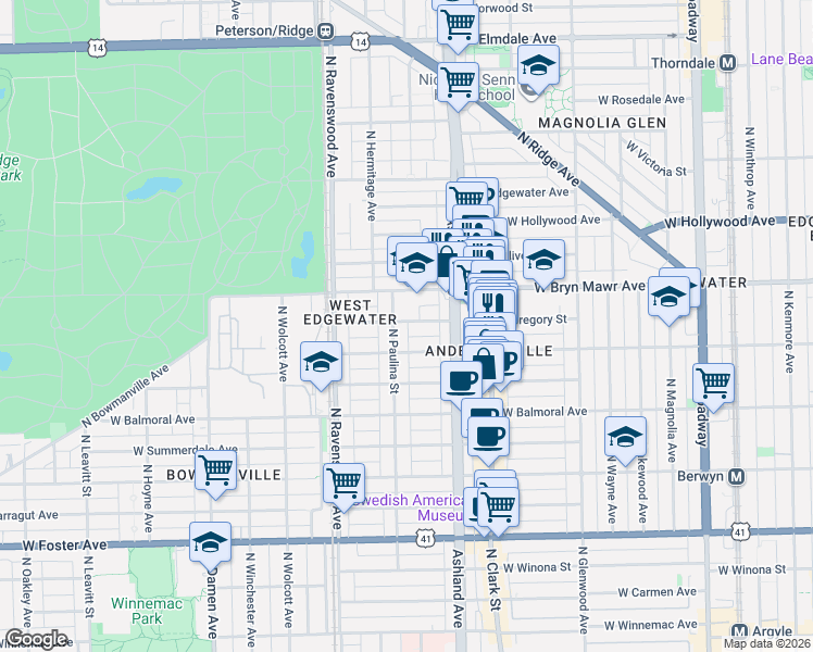 map of restaurants, bars, coffee shops, grocery stores, and more near 5511 North Paulina Street in Chicago