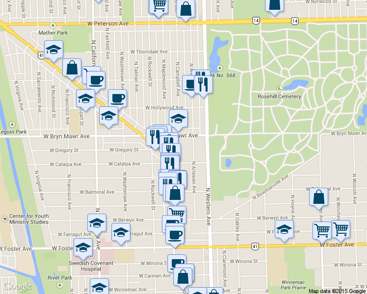 map of restaurants, bars, coffee shops, grocery stores, and more near 5519 North Campbell Avenue in Chicago