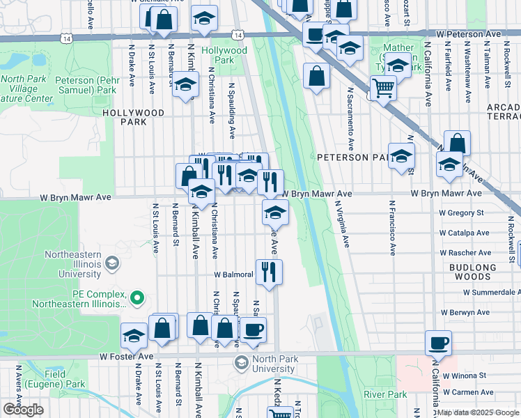 map of restaurants, bars, coffee shops, grocery stores, and more near 5523 North Sawyer Avenue in Chicago