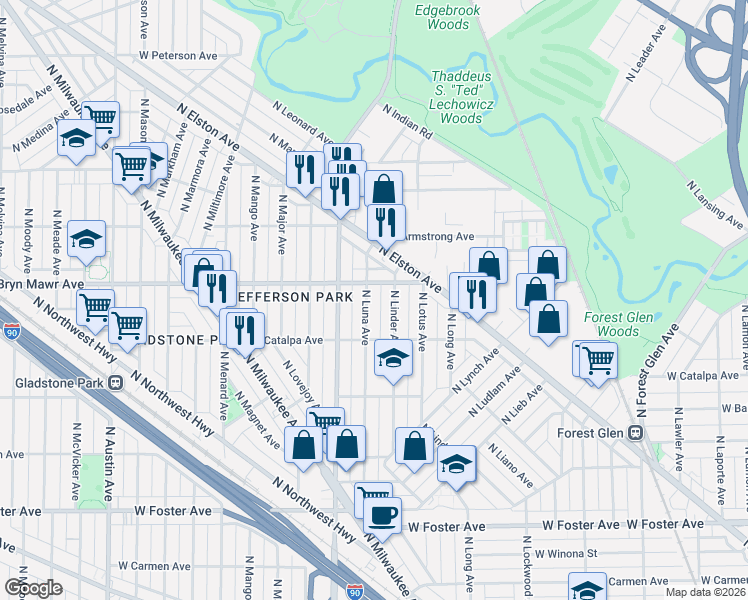 map of restaurants, bars, coffee shops, grocery stores, and more near 5526 North Linder Avenue in Chicago