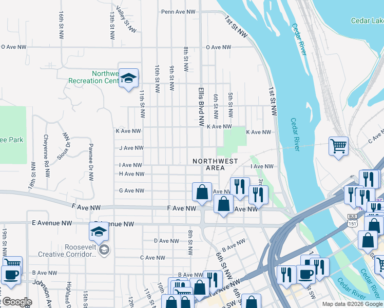 map of restaurants, bars, coffee shops, grocery stores, and more near 1003 8th Street Northwest in Cedar Rapids