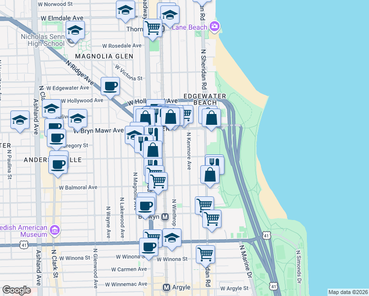 map of restaurants, bars, coffee shops, grocery stores, and more near 5516 North Kenmore Avenue in Chicago