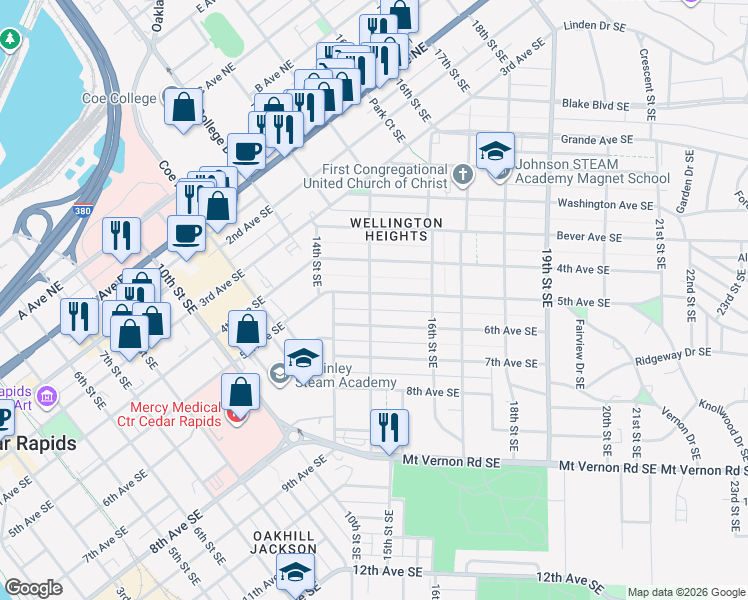 map of restaurants, bars, coffee shops, grocery stores, and more near 1512 6th Avenue Southeast in Cedar Rapids