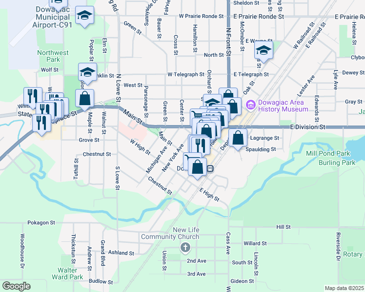 map of restaurants, bars, coffee shops, grocery stores, and more near 206 Main Street in Dowagiac