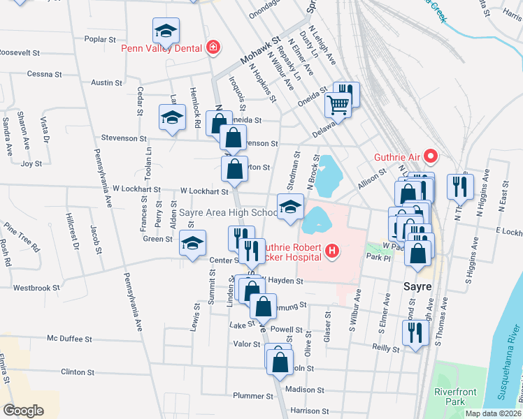 map of restaurants, bars, coffee shops, grocery stores, and more near 116 South Hopkins Street in Sayre