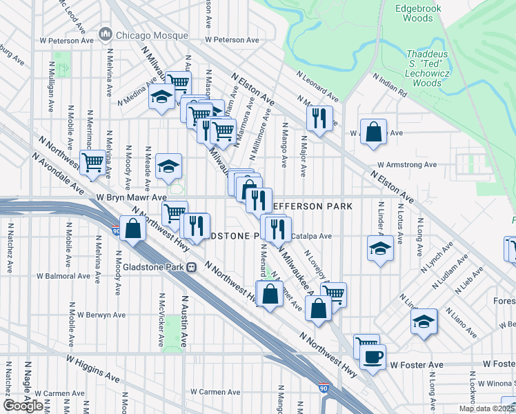 map of restaurants, bars, coffee shops, grocery stores, and more near 5527 North Milwaukee Avenue in Chicago