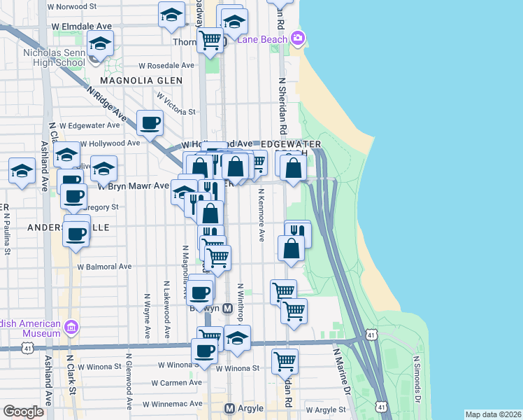map of restaurants, bars, coffee shops, grocery stores, and more near 5518 North Kenmore Avenue in Chicago