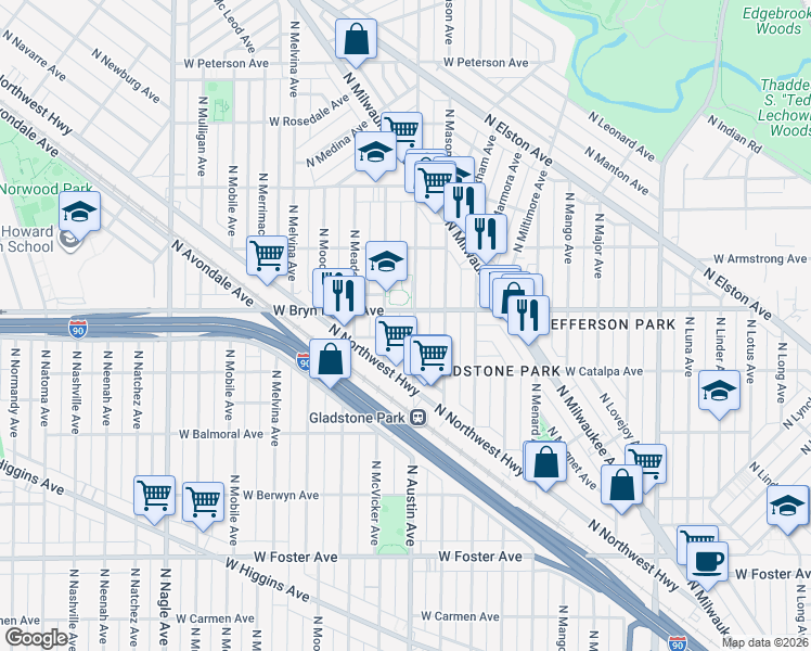 map of restaurants, bars, coffee shops, grocery stores, and more near 5528 North Austin Avenue in Chicago