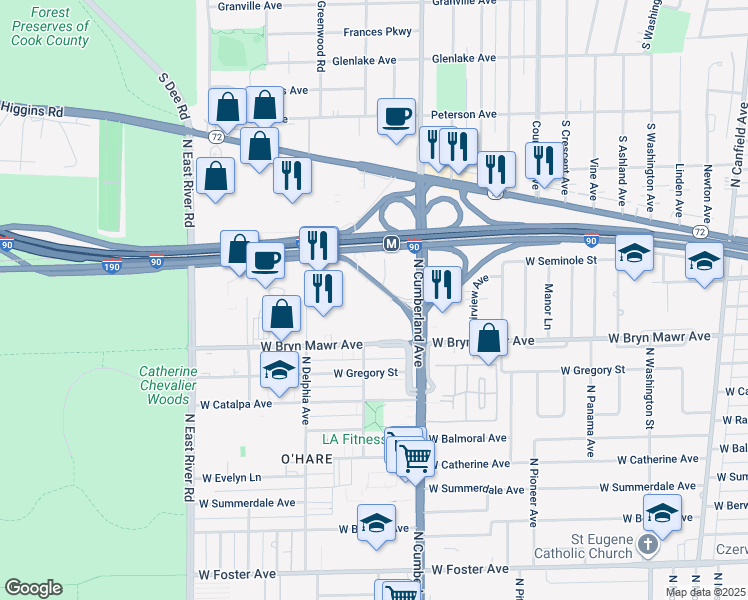 map of restaurants, bars, coffee shops, grocery stores, and more near 8420 West Bryn Mawr Avenue in Chicago