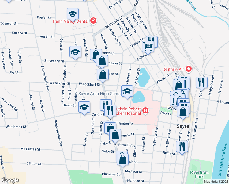 map of restaurants, bars, coffee shops, grocery stores, and more near 116 South Hopkins Street in Sayre