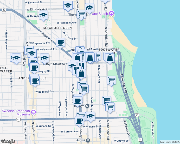 map of restaurants, bars, coffee shops, grocery stores, and more near 5500 North Winthrop Avenue in Chicago
