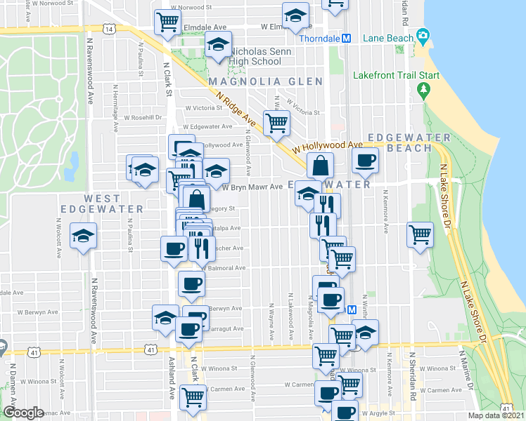 map of restaurants, bars, coffee shops, grocery stores, and more near 5507 North Glenwood Avenue in Chicago