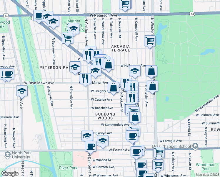map of restaurants, bars, coffee shops, grocery stores, and more near 2645 West Gregory Street in Chicago
