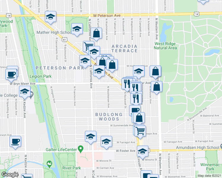 map of restaurants, bars, coffee shops, grocery stores, and more near 2645 West Gregory Street in Chicago