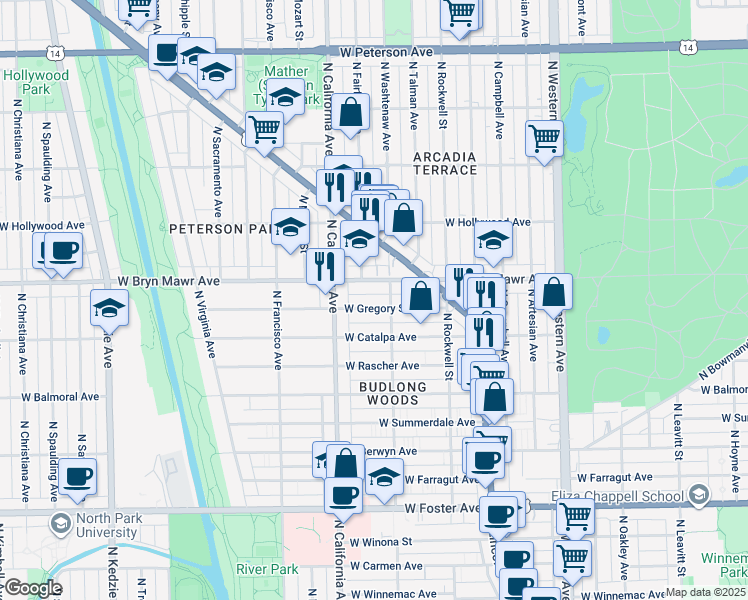 map of restaurants, bars, coffee shops, grocery stores, and more near 2717 West Gregory Street in Chicago