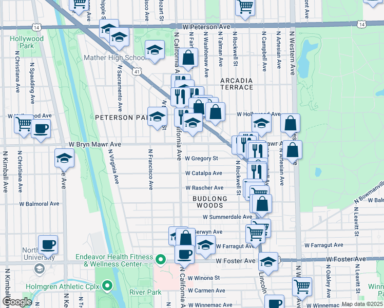 map of restaurants, bars, coffee shops, grocery stores, and more near 2717 West Gregory Street in Chicago