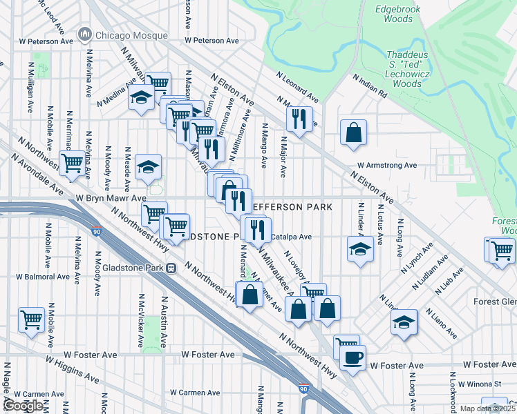 map of restaurants, bars, coffee shops, grocery stores, and more near 5528 North Mango Avenue in Chicago