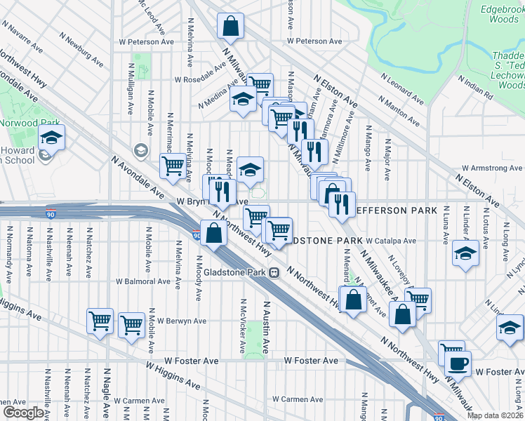map of restaurants, bars, coffee shops, grocery stores, and more near 5528 North Austin Avenue in Chicago