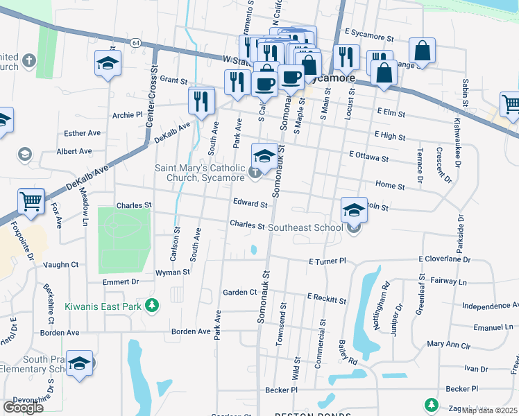 map of restaurants, bars, coffee shops, grocery stores, and more near 229 Charles Street in Sycamore