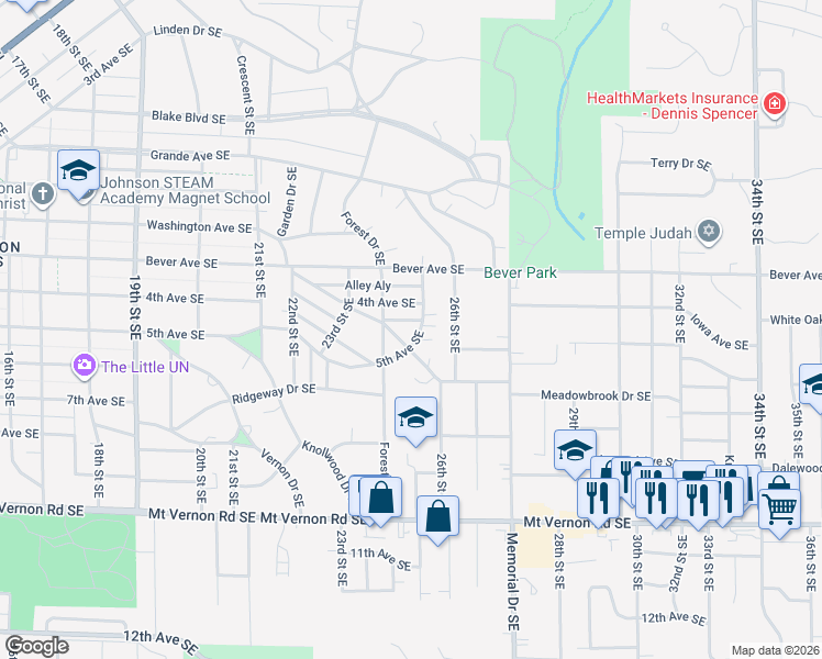 map of restaurants, bars, coffee shops, grocery stores, and more near 2445 5th Avenue Southeast in Cedar Rapids
