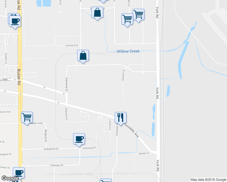 map of restaurants, bars, coffee shops, grocery stores, and more near 860 Thomas Drive in Bensenville