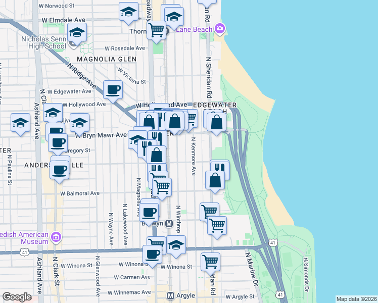 map of restaurants, bars, coffee shops, grocery stores, and more near 5524 North Kenmore Avenue in Chicago