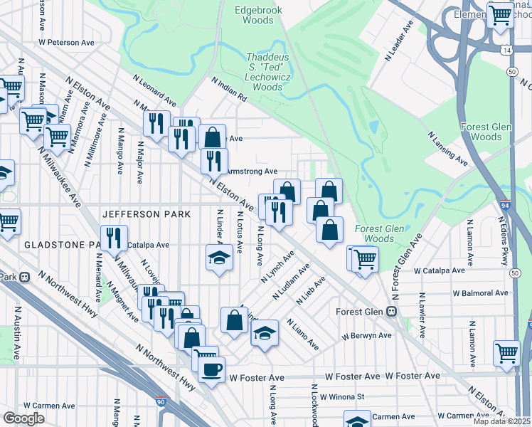 map of restaurants, bars, coffee shops, grocery stores, and more near 5550 North Long Avenue in Chicago