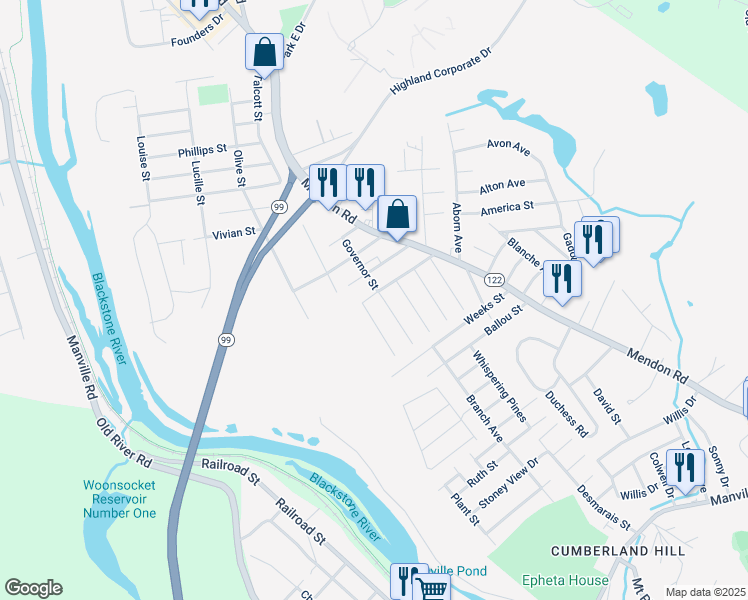 map of restaurants, bars, coffee shops, grocery stores, and more near 1 Poisson Street in Cumberland