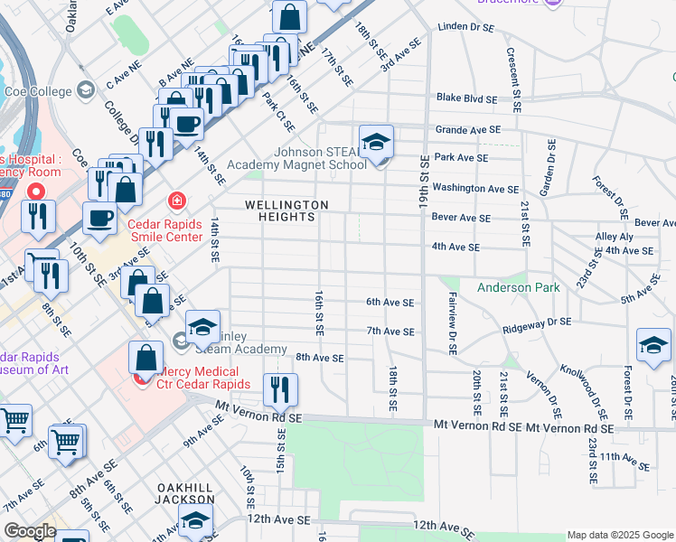 map of restaurants, bars, coffee shops, grocery stores, and more near 1624 5th Avenue Southeast in Cedar Rapids