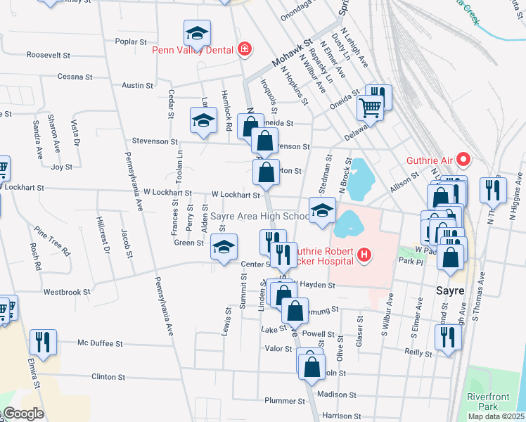 map of restaurants, bars, coffee shops, grocery stores, and more near 108 South Keystone Avenue in Sayre